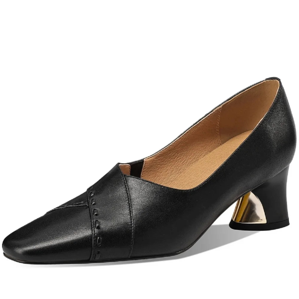 Women's Handmade Genuine Leather Shoes Thick Heels Work Shoes Comfortable Soft Sole Single Work Shoes 33-43