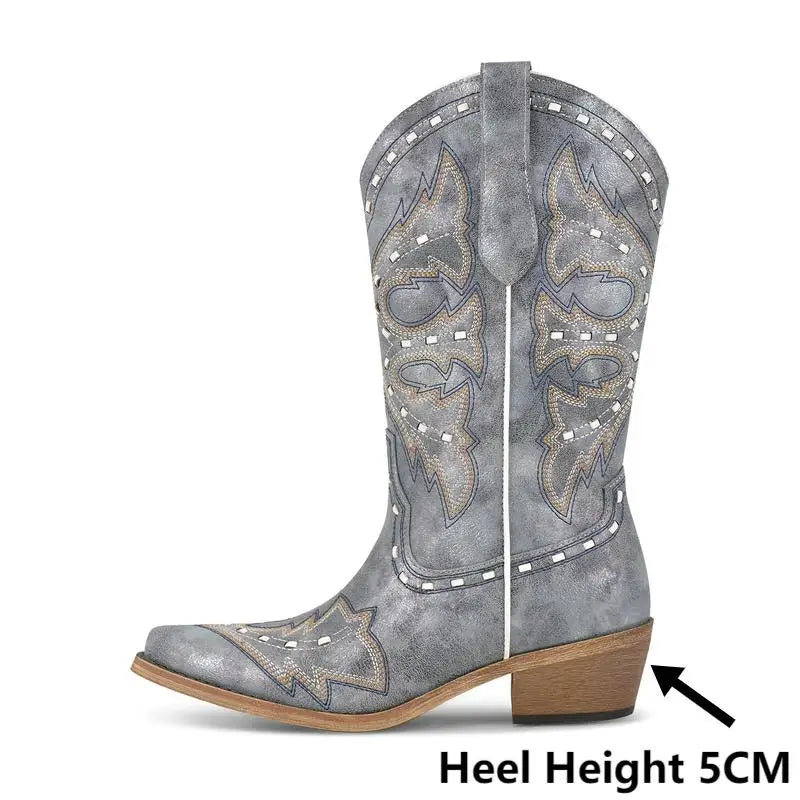 Womens Pointed Toe Embroidered Pull On Casual Boots Mid Calf Low Heel Cute Western boots