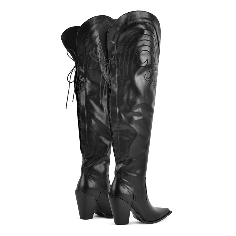 Onlymaker Women Pointed Toe Black Matte Over The Knee Boots Chunky Heel Lace- UP Winter Boots