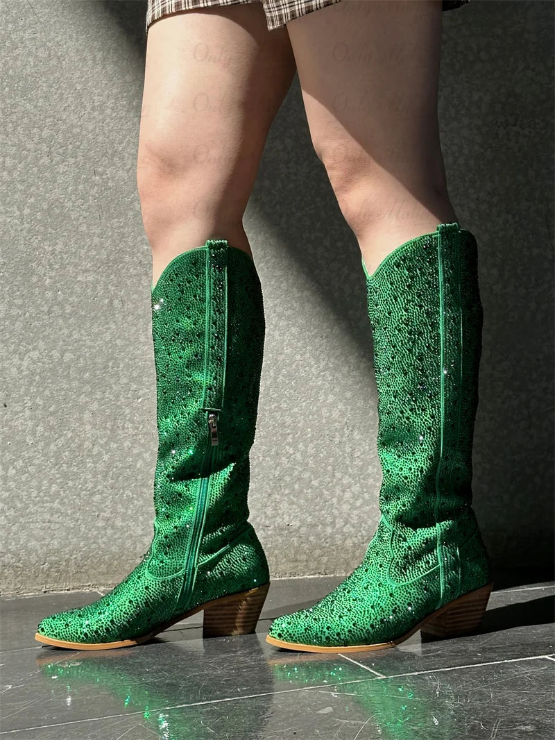 Onlymaker Women Rhinestone Green Knee High Boots Western Cowboy Boots Clear Glitter Bling Shiny Pointed Toe Block Heel Boots