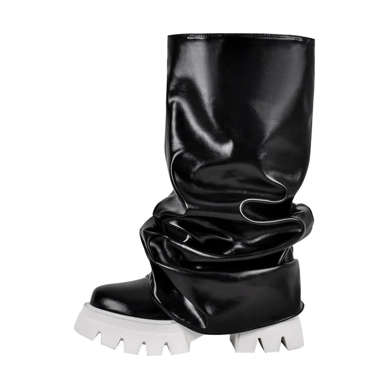 Onlymaker Women Platform  Pleated Fold Over Boots Round Toe Handmade Female Fashion Mid-Calf Boots