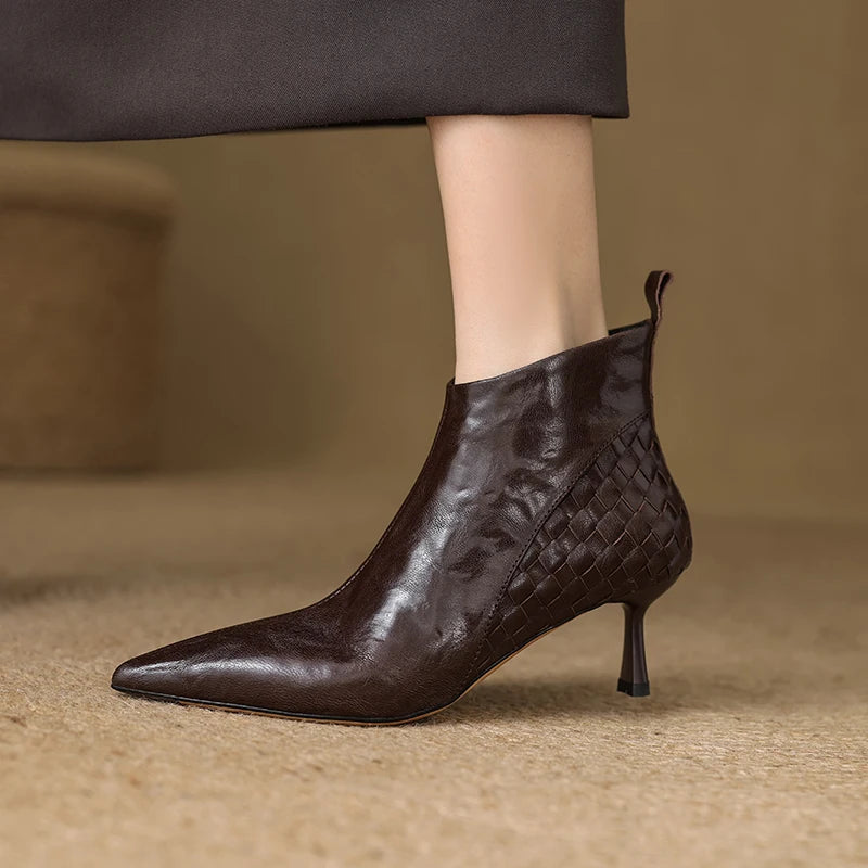 Women's Handmade genuine leather thin high heel pointed toe zip short booties British Style ankle boots