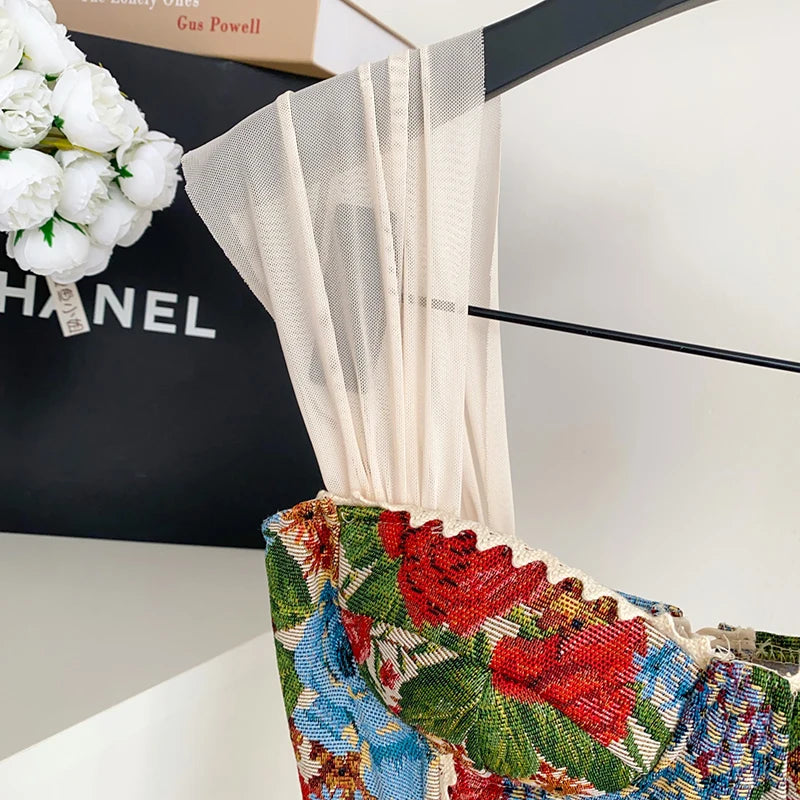 DEAT 2025 Summer New Fashion Embroidered Flowers Strapless Vest For Women Back Bandage Design Tank Tops Female Trendy 11A05382