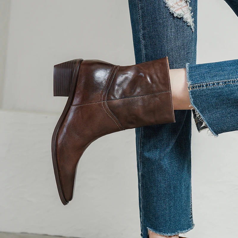 Handmade Genuine Leather Soft comfortable Ankle Boots Women New High Quality Square Mid Heel Boots Shoes 34-40