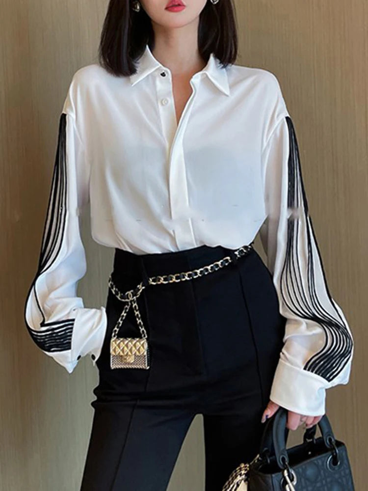 Loose Straight Shirt For Women Lapel Lantern Sleeve Patchwork Colorblock Single Breasted Blouses Female Clothes 2024 Fashion