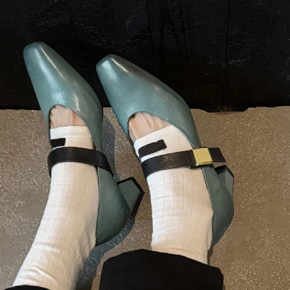 Handmade High Quality Genuine Leather Soft and comfortable Square Head Shallow Mouth Mid Heels Mary Janes Shoes