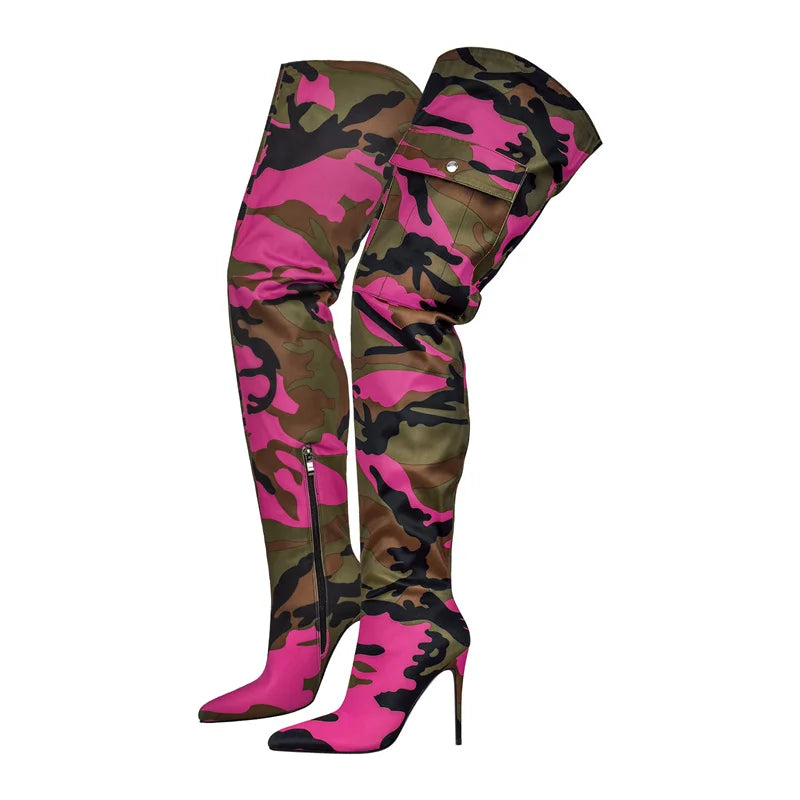 Onlymaker Womens Mixed Colors  CamouflageOver The Knee Boots Thin Heel Pointy Colorful Print  Thigh High Boots