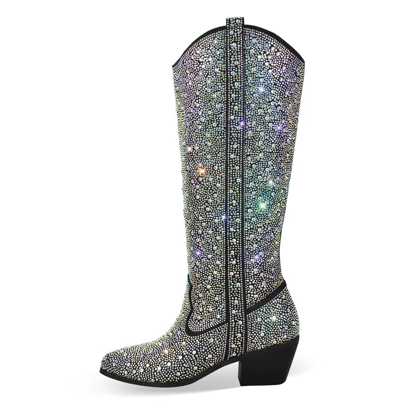 Onlymaker Women Rhinestone Boots Silver Knee High Western Cowgirl Boots Glitter Bling Shiny Pointed Toe Block Heel Lady Booties