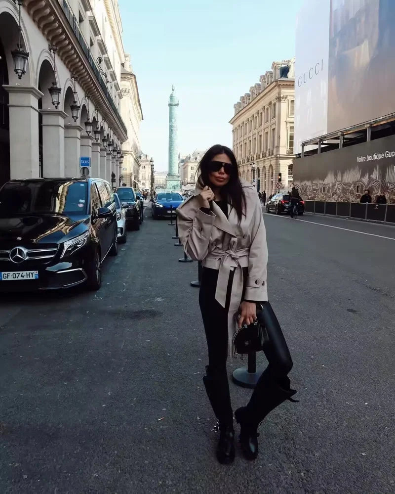 new  women's British wind trench coat style double-breasted long sleeve belt lapel jacket short coat