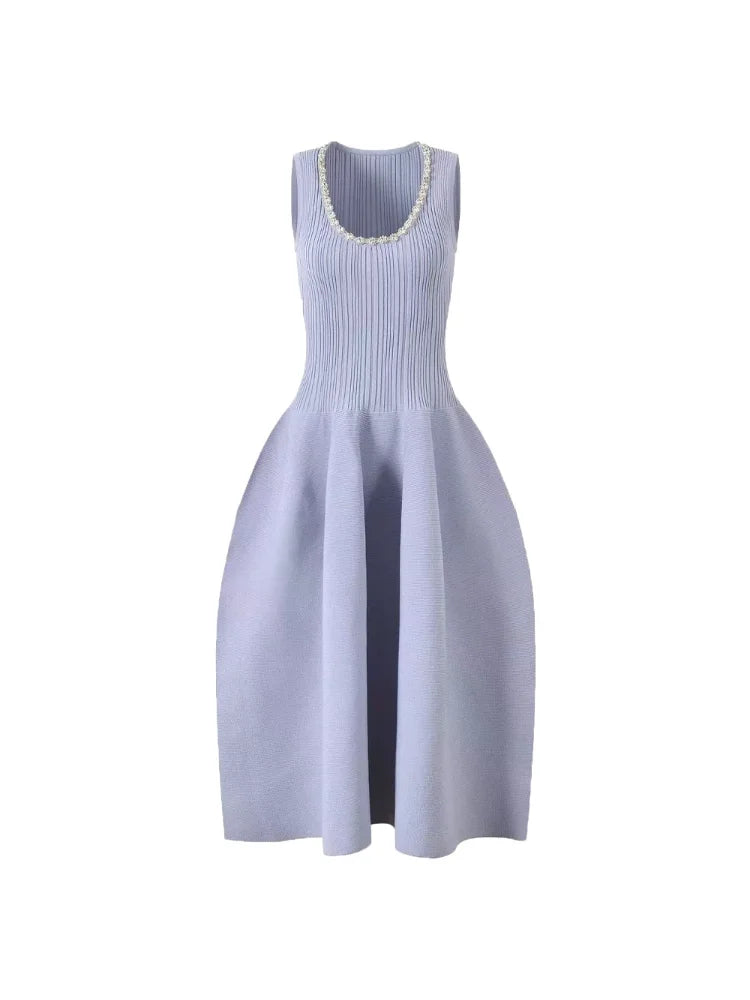 Woman U-neck slim fit knitted dress suspenders office ladies elegant midi robe