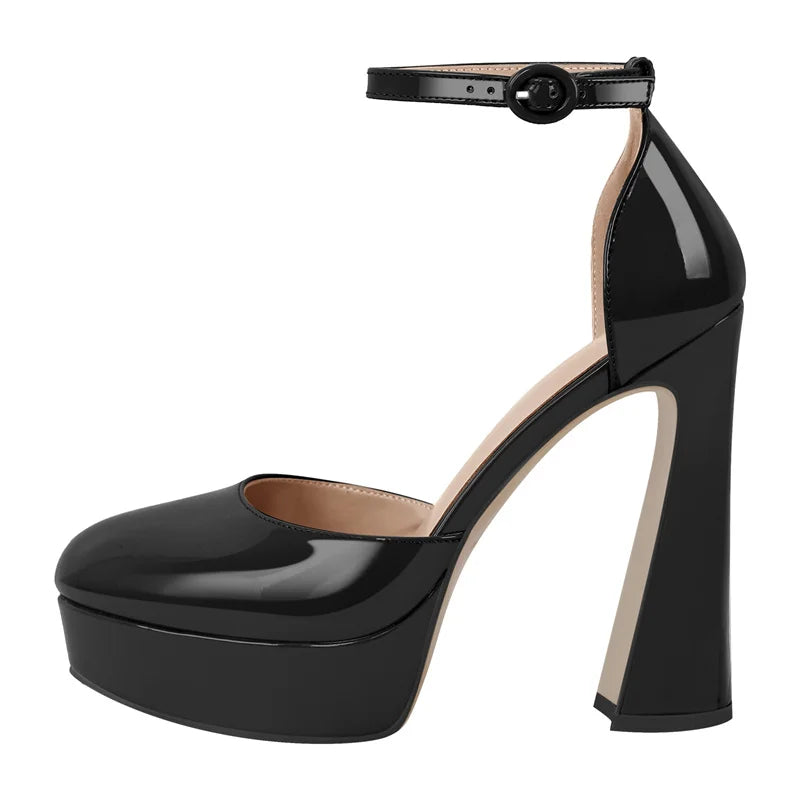 Women Round Toe Platform Ankle Strap Chunky High Heel Pumps High Heeled Party Dress Patent Leather Shoes
