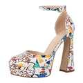Women Round Toe Platform Ankle Strap Chunky High Heel Pumps High Heeled Party Dress Patent Leather Shoes