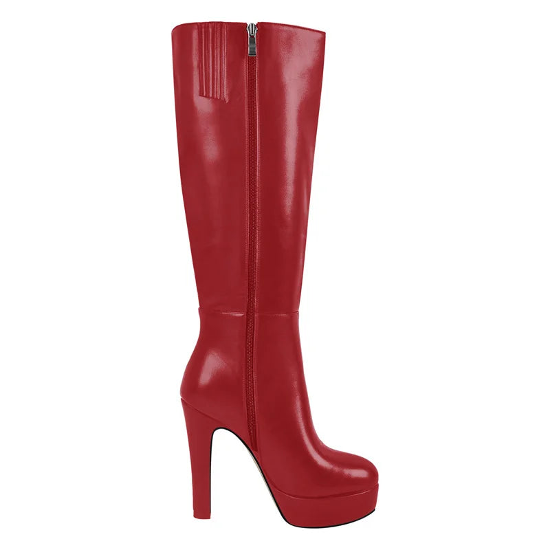 Onlymaker Women Round Toe Wide Calf Platform Knee High Boots Chunky Heel With Side Zipper Concise Tall Modern Boots