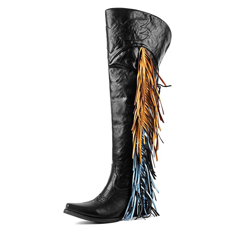 Onlymaker Women Pointed Toe Side Zipper Fringe Western Cowgirl Boots Chunky Heel Adjustable Thigh High Cowgirl Boot