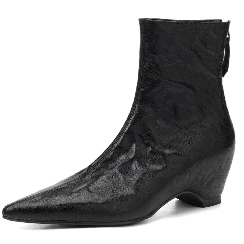 Women's Handmade Genuine Leather Short Boots Thick Heel Flat Bottom Pointed Toe Heightening Retro Boots 33-40