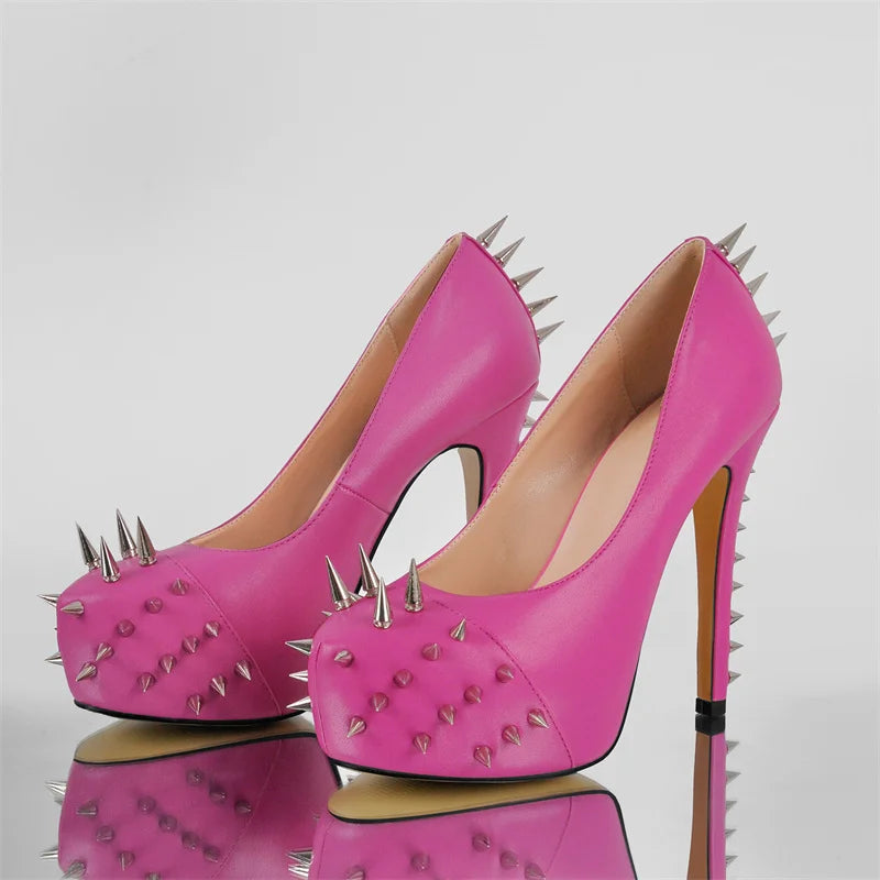Women  Round Toe Pink Platform Rivet  Heels Pumps Dress Party Dress Sexy 13CM Stiletto Slip On Heels Shoes