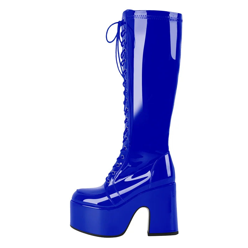 Onlymaker Women Black Round Toe Platform Knee High Boots Side Zipper Fashion Chunky Heel Mid-Calf Boot Punk Boots
