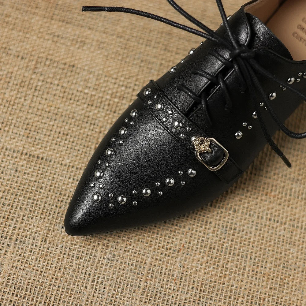 Women's Handmade Genuine Leather with Pointed Toe Mid Heel Casual Office Slip-On Dress Shoes for Girls 33-43