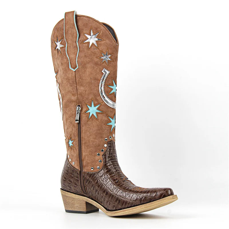 Onlymaker Women Embroidery Star Western Cowgirl Boots Pointed Toe Side Zipper Knee High with Chunky Heel  Boots