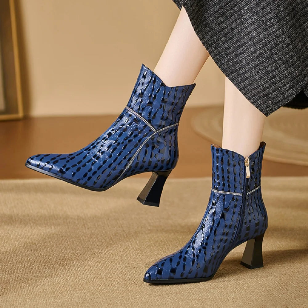 New Autumn Winter Warm Handmade Genuine Leather Shoes High Heels Pointed toe Dress Party Female Ankle Boots 34-40
