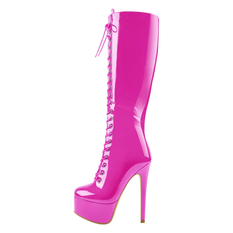 Onlymaker Women Platform The Knee High Boots Front Lace-Up Thin Heel Stiletto Stretch Big Size Winter Sexy Woman Boots