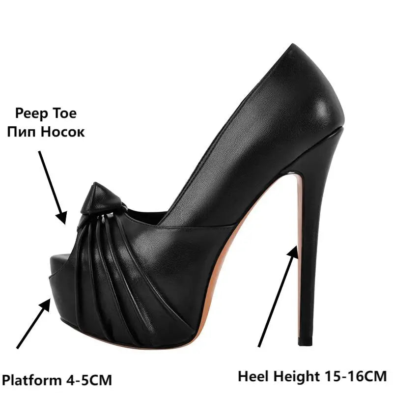 Women Peep Toe Platform Stiletto High Heeled Pumps Gold Knot Bow Style Sexy Shoes