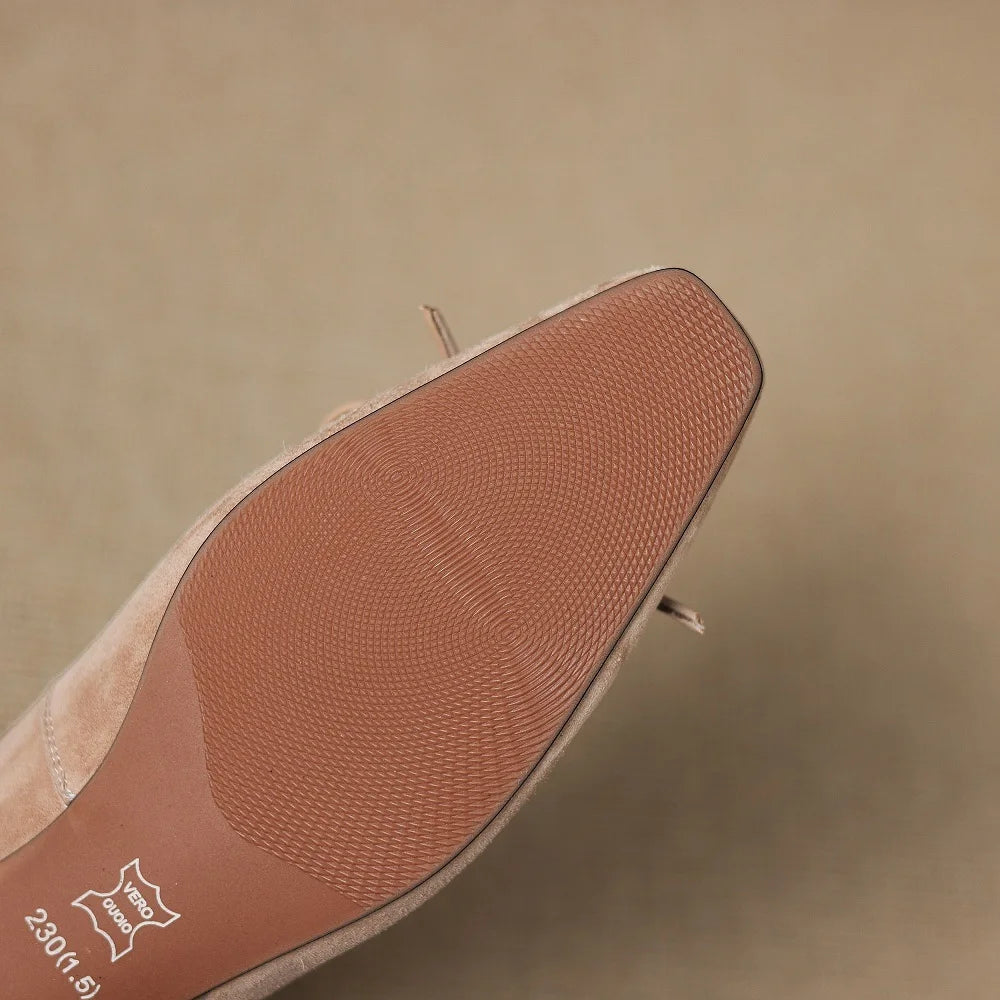 Handmade Genuine Leather Square Toe Low Heels Spring Autumn Shoes Beading Preppy Style Sewing Shallow Women Pumps