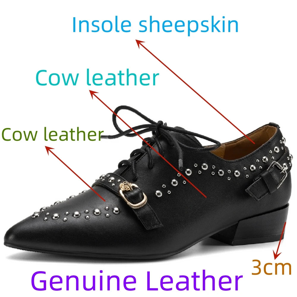 Women's Handmade Genuine Leather with Pointed Toe Mid Heel Casual Office Slip-On Dress Shoes for Girls 33-43