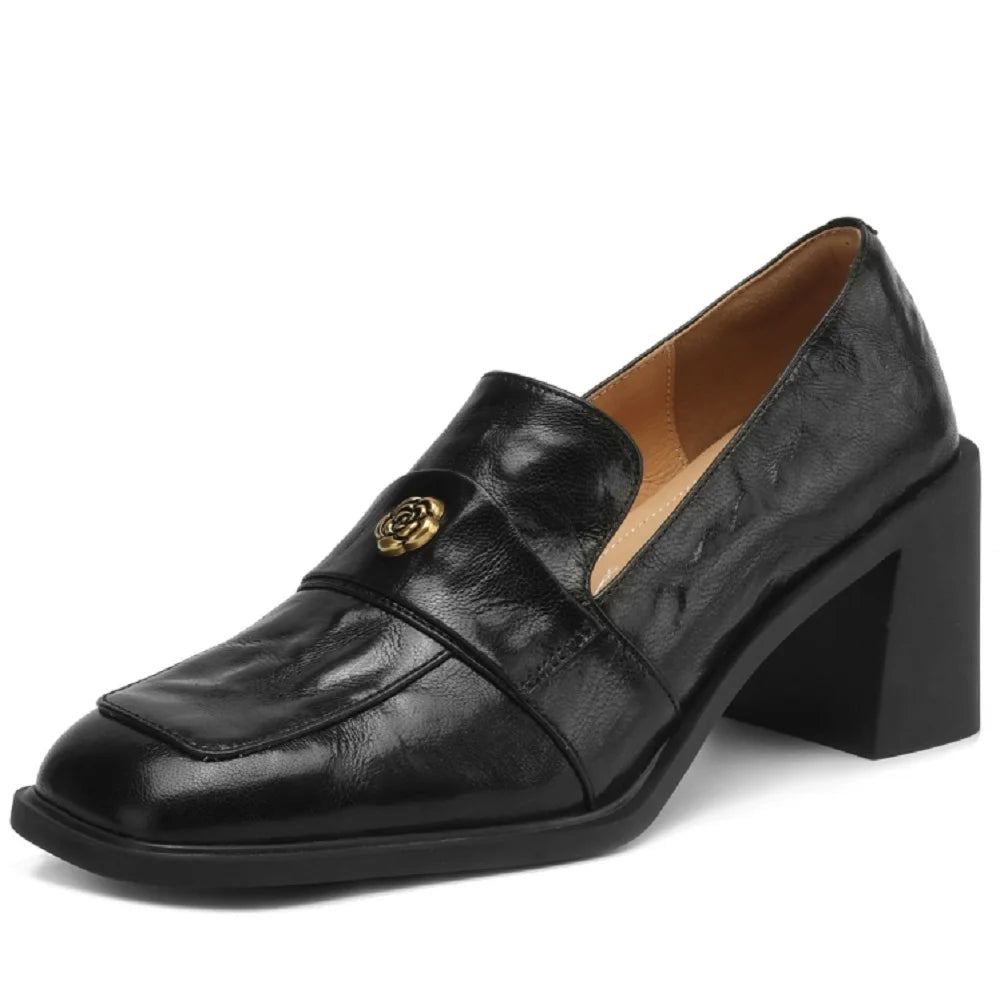 new women's Handmade genuine leather square toe style elegant ladies high heeled dress shoes 34-40