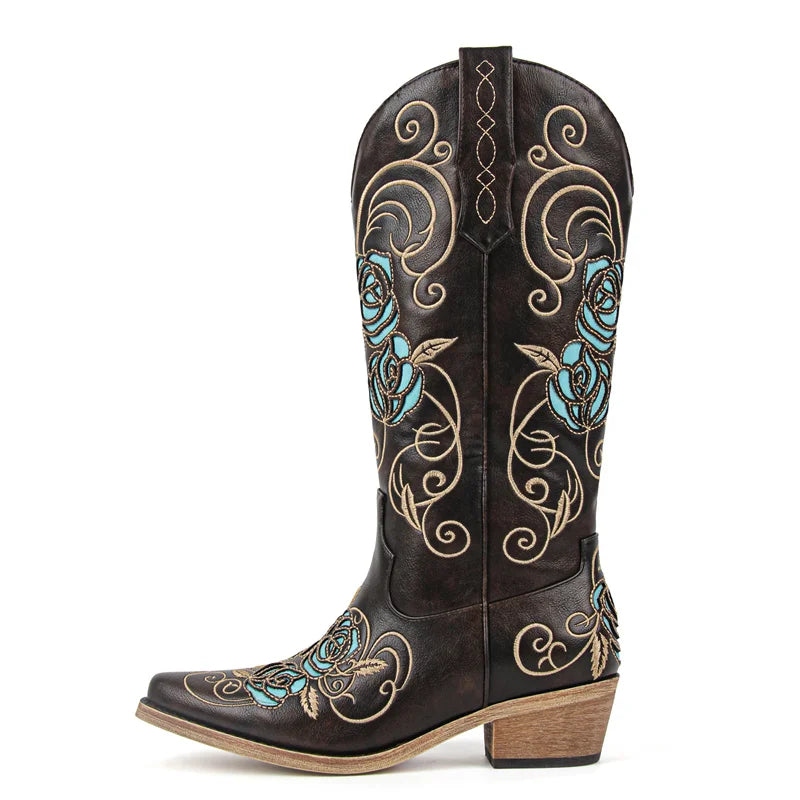 Onlymaker Women White Floral Western Embroidery Cowgirl Boots Pointed Toe Side Zipper Knee High with Chunky Heel  Boots