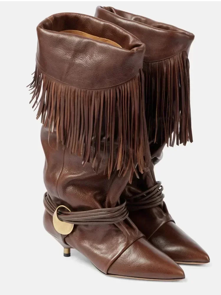 Women's Autumn and Winter New 5cm Slim Heel Fringed Calf Boots with Pointed Pleats, Women's Knight Boots, Mid Leg Boots