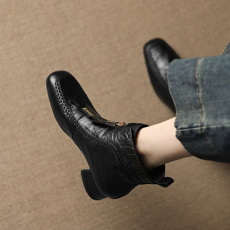 New Women Handmade Genuine Leather Soft and comfortable Square Toe Chunky Heel Shoes Modern Ankle Boots
