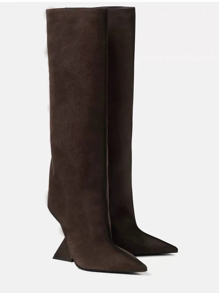 2025New European and American Women's Knee Boots Fashion Pointed Shaped High Heels Women's Large Long Sleeve Boots