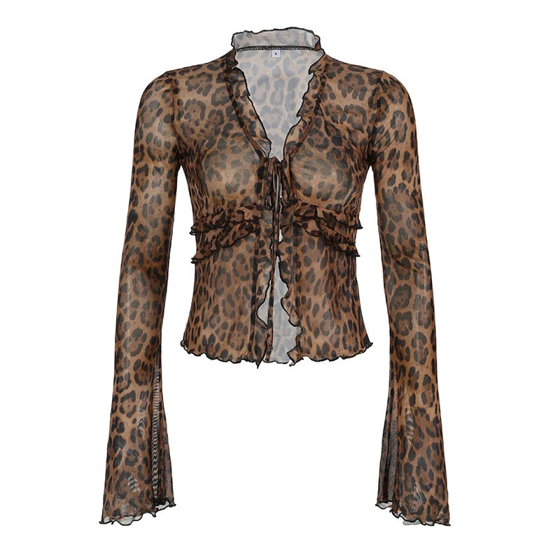 Leopard Shirt y2k Clothing Women Front Tie-up Ruffled Trim Flared Long Sleeve Mesh Blouse Top Grunge Clothes Streetwear