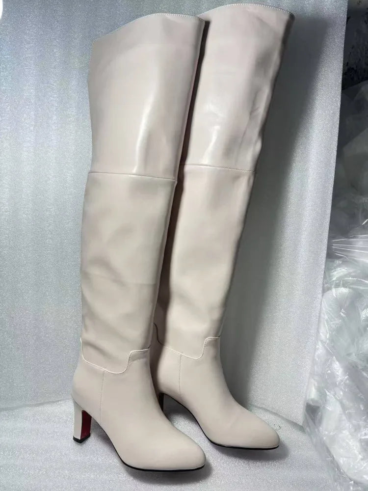 2026 Women's New Black Leather Round Toe Over The Knee Women's Boots, Thick High Heels, Fashionable Size 34-46 Large Women's Boots