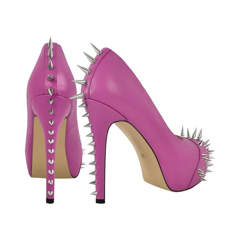 Women  Round Toe Pink Platform Rivet  Heels Pumps Dress Party Dress Sexy 13CM Stiletto Slip On Heels Shoes
