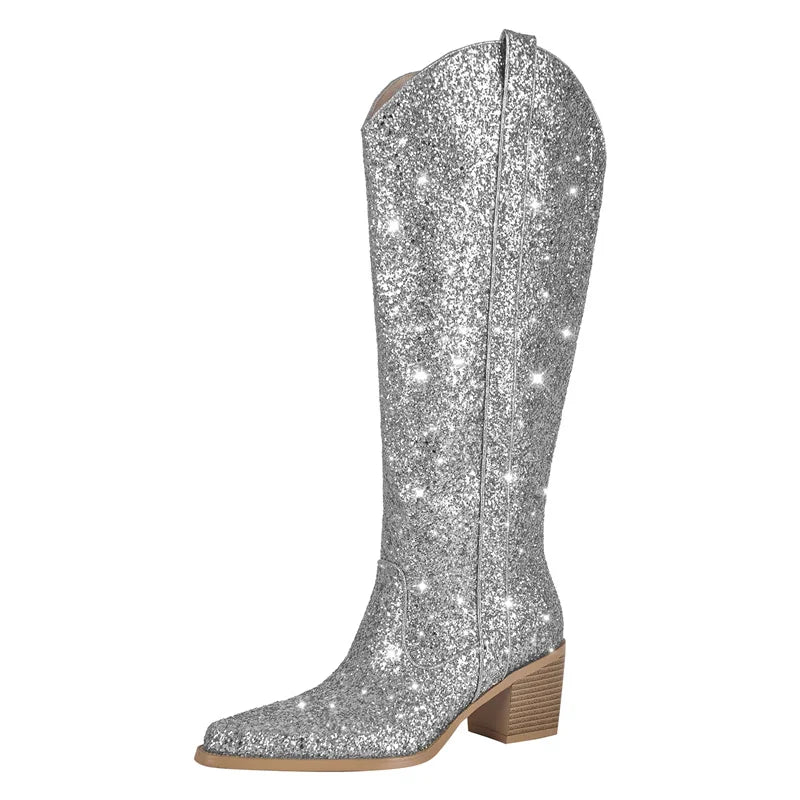 Onlymaker Woman  Pointed Toe Sliver Glitter Knee High Boots Western Cowboy Boots Bling Shiny Block  Heel Handmade Lady Boots