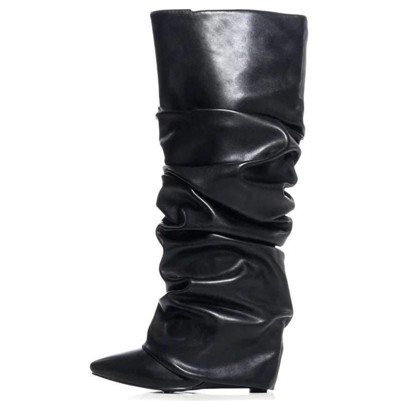 Onlymaker Woman Pointed Toe Knee Wedge High Heel Pleated  Fashion Big Size Camouflage Winter Boots
