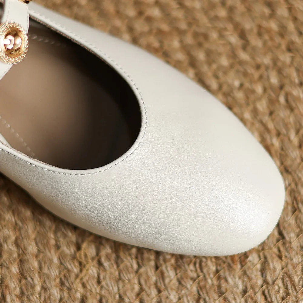 Handmade Genuine Leather Round Toe Med Heels Shallow Mary Janes Rivets Sweet Casual Elegant Luxury Dating 34-41