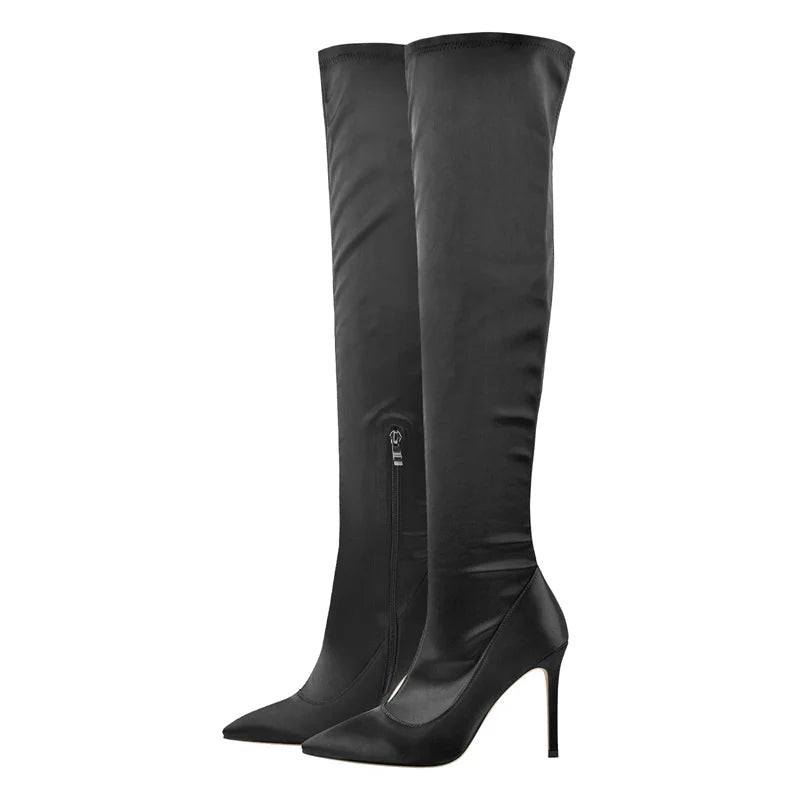 Onlymaker Women Pointed Toe Side Zipper Patent Leather Thin High Heels Concise Sexy Party Over The Knee Spring Autumn  Boots