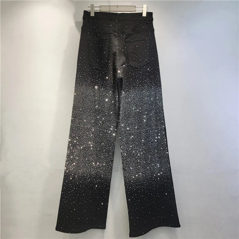2026 New Fashion Spring Black Denim Pants For Women Glitter Diamonds Blingbling Wide Leg Straight Loose Jeans 29A5692