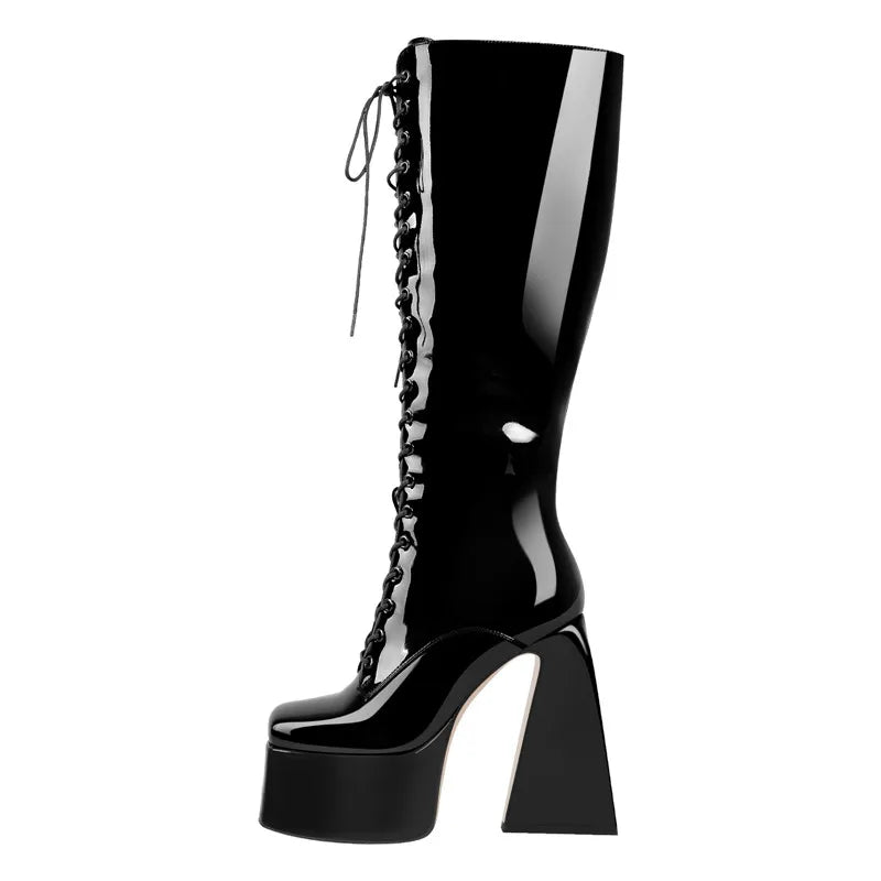 Onlymaker Women Square Toe Platform Zip Chunky Heel Knee High Patent Leather Lace Up Lady Black Boots