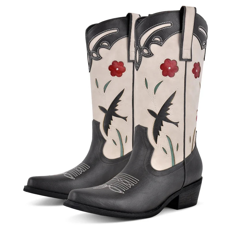 Onlymaker Women Pointed Toe Flower Pull-on Knee High Cowgirl Boots Comfy  Wide Calf Chunky Heel Retro Classic Western Boots