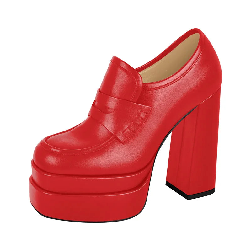 Women Double Platforms Chunky High Heel Loafers Pumps Slip On Comfortable Punk Heels