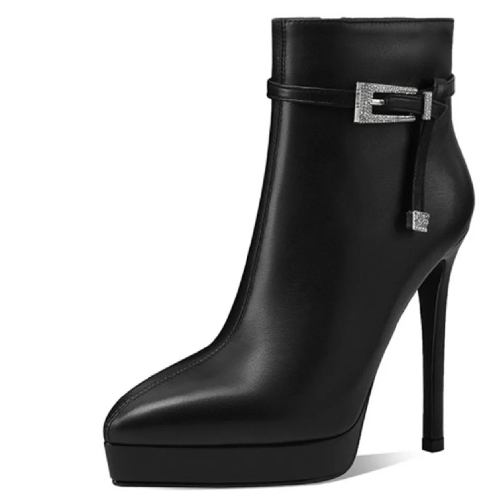 Women Handmade Genuine Leather Ankle Boots Pointed Toe Thin High Heels Short Boots Zip Ladies Shoes 33-40