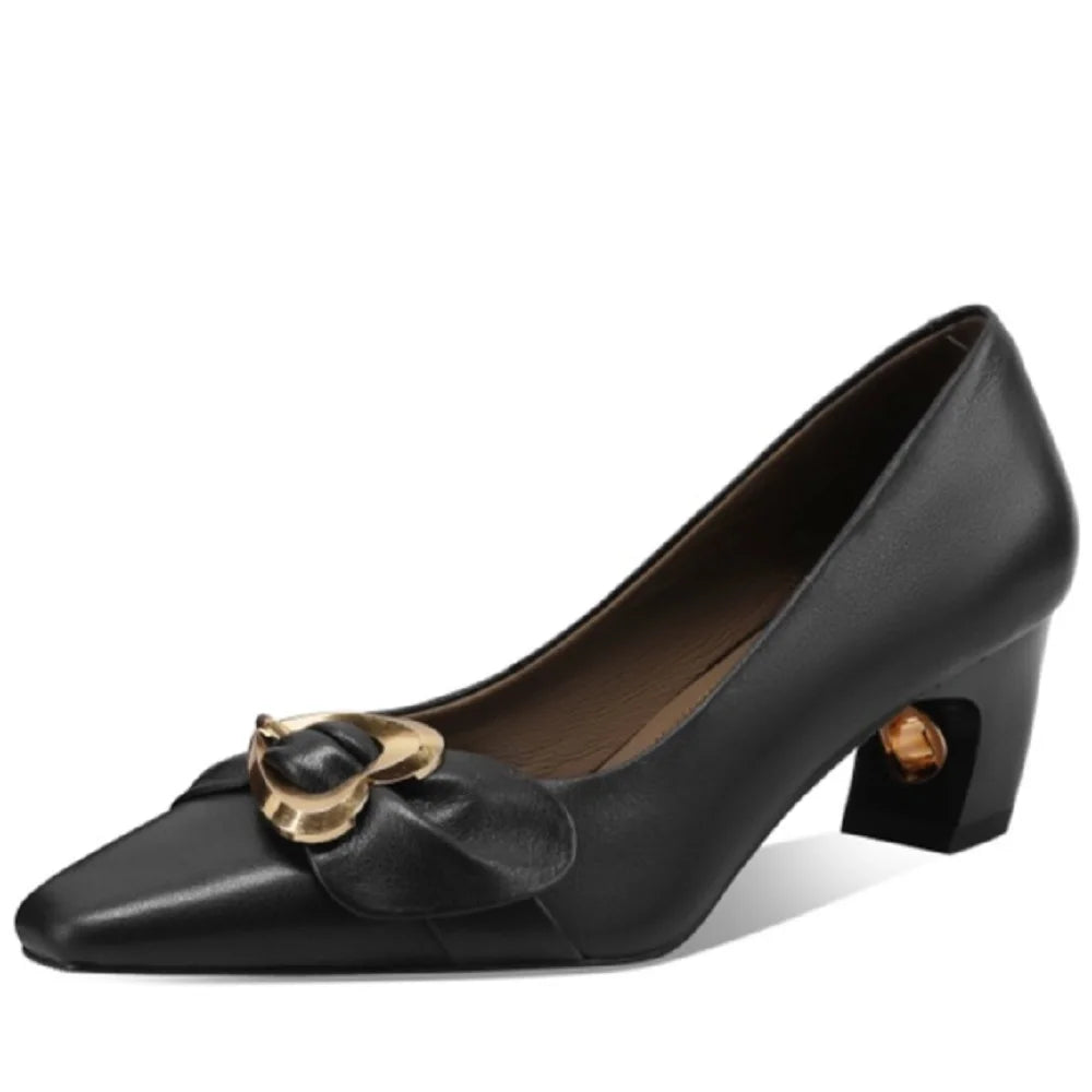 New High Quality Handmade Genuine Leather Shoes Pointed Head Shallow Mouth Mid Heels Women's Shoes 33-43