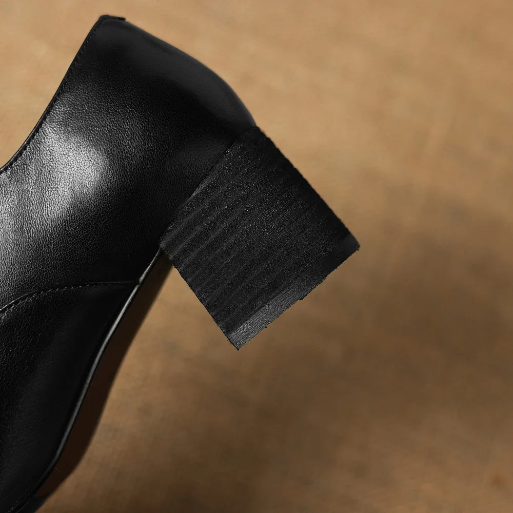 Womens Handmade Genuine Leather Soft comfortable Dress Work Basic Style Shoes Lace-Up Mid Heels Square Toe 34-40