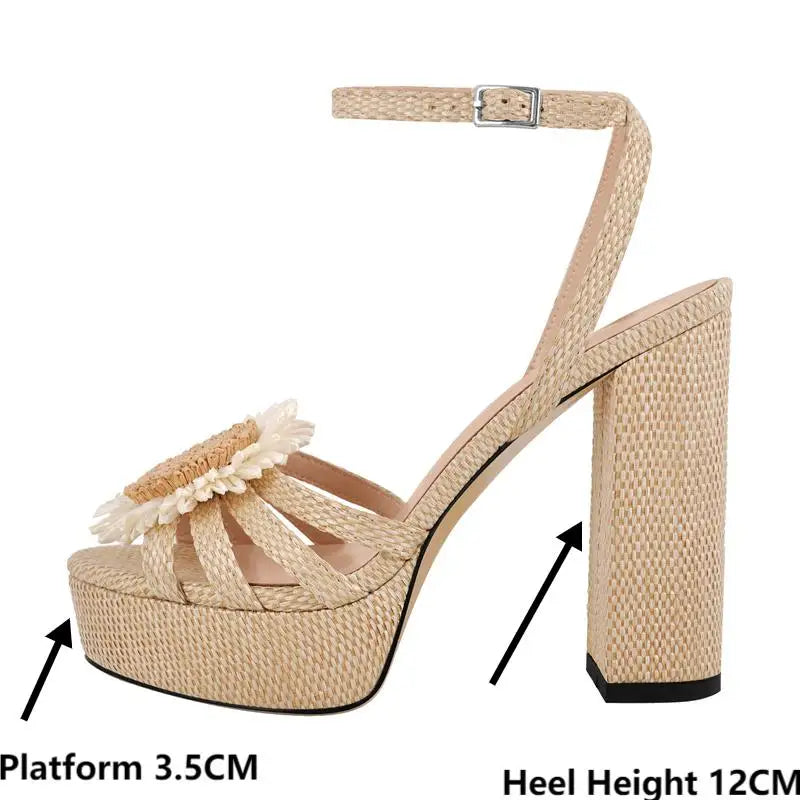 Women Platform Open Toe Cane Flower Buckle Strap  Chuny Heeled  Summer Sandals