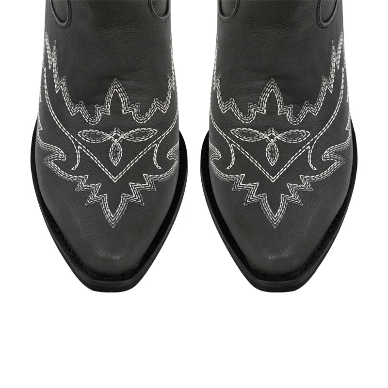 Women Pointed Toe Black Embroidery Western Boots Tapered Heel Round Up  Mid-Calf Western Cowgirl Boots