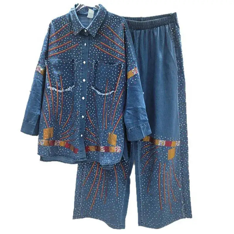 2026 Autumn New High-End Big Size Set For Women Rhinestone Denim Shirt Elastic Wasit Wide-Leg Denim Pants Trendy 11A05774